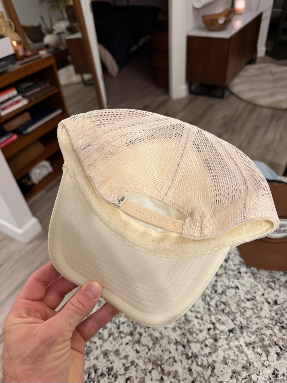 Huega House Cream Trucker Cap with Green Patch and Stitching